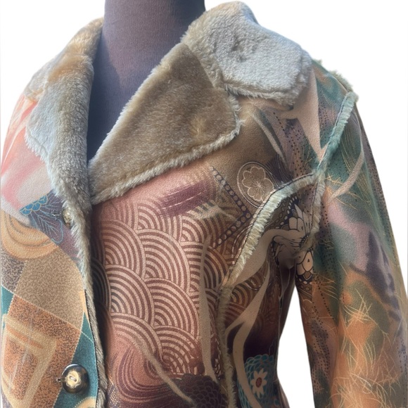 Lapis Penny Lane Coat Artsy Patchwork Print Faux Suede Lined Boho Hippie Retro M - Picture 6 of 10